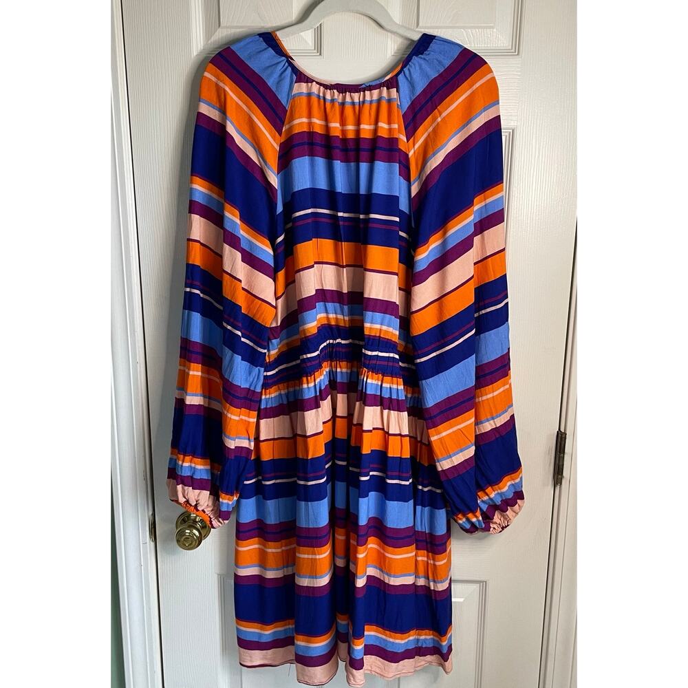 Eloquii Striped Mini Dress Sz 22 Tie Neck Tassels Long Balloon Sleeves Colorful - Picture 3 of 10
